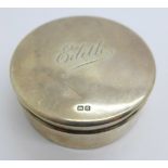 A hallmarked silver covered box, Birmingham 1917, personalised, 'Edith', diameter 53mm, (some dents)