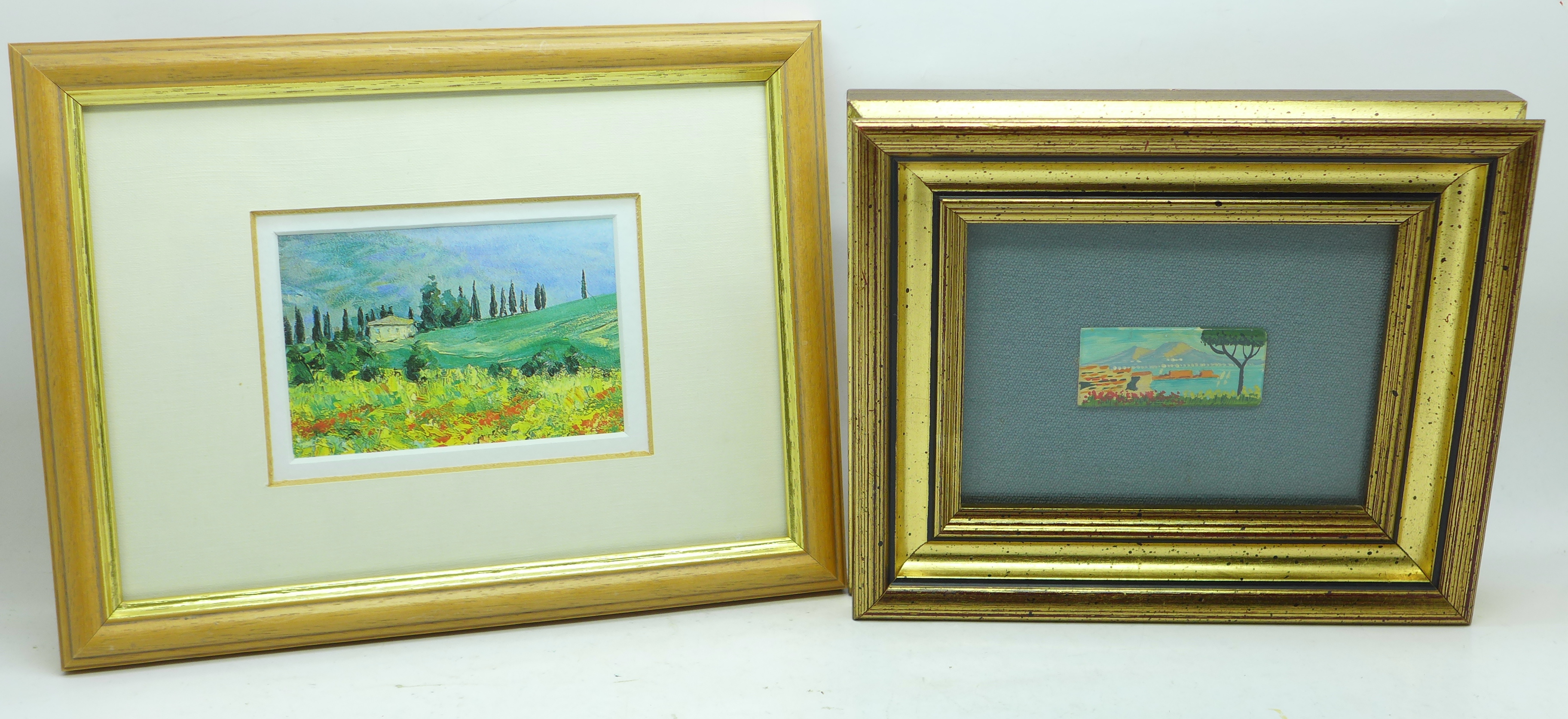 Two small framed landscapes, one on ceramic, the other a print