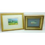 Two small framed landscapes, one on ceramic, the other a print