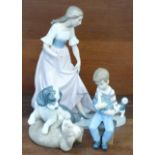 Three Nao by Lladro porcelain figures, Puppy Tugging Girl's Skirt, Lets Play, model no. 02001023,