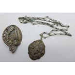 A .935 silver and marcasite pendant on an .830 silver chain, a/f, requires repair, and a .935 silver