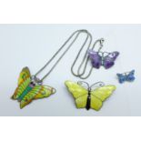 Three silver and enamel butterfly brooches and a silver and enamel butterfly pendant on chain, small