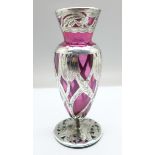 A cranberry glass vase with silver overlay, marked 'E&F.B sterling', 13cm