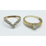 Two 9ct gold stone set rings, 3.8g, K and P