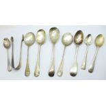 Eight silver spoons and a pair of silver sugar bows, 186g, (one split, three others dented)