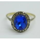 A 9ct gold and silver, marcasite and blue stone cluster Art Deco ring, Q