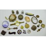 A hallmarked silver NODA Society badge, two cameo brooches, a/f, thimbles including one