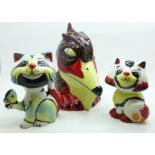 Three Lorna Bailey figures, Spike the Pelican, Cat with Butterfly and Honey, tallest 14cm