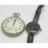 A silver cased trench wristwatch with black dial, London import mark for 1915, screw front case,