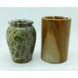 Two hardstone vases/pots, (cylindrical pot restored on the rim), 8-9cm