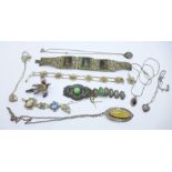 Jewellery including pendants and chains, mainly filigree, (large bracelet fastener a/f, two other