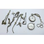 Two silver fob watches and part Albertina chains, for repair, a/f