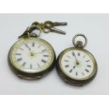 Two lady's silver fob watches