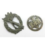 A German WWII period circular badge marked 'Rob.Neff, Berlin W.35' and one other German badge