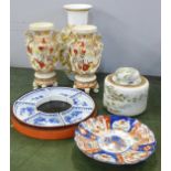 Oriental china including lidded jar, a pair of oriental vases with bases, a/f, imari plate, vase,
