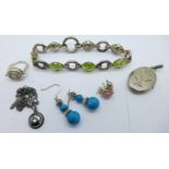 Two pairs of silver earrings, a silver locket, a Pandora ring, size I, a silver bracelet and a