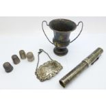 Three silver thimbles including one Charles Horner, one a/f, one other thimble, a silver pen case,