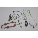 Two silver pendants and chains, a silver necklet, a white metal ring and a bracelet