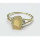 A 9ct gold, Welo opal and diamond ring, 1.8g, S