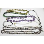 Five semi-precious stone set necklaces, one with matching bracelet, and a faux pearl necklace