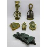 Five brass door knockers and one other pixie door knocker