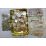 A collection of brass 3d coins, crowns, other coins and banknotes