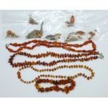 A collection of amber jewellery including silver mounted