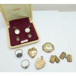 Two heart shaped lockets, one marked '9ct B & F, metal fit', a 9ct gold and silver Art Deco ring, L,