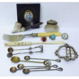 A Victorian paste set buckle, portrait miniature print, glass pot, rings, a carved dip pen, etc.