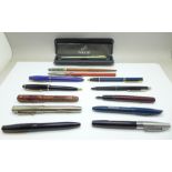Seven fountain pens including Platignum, Osmiroid, one lacking cap, four ballpoint pens including