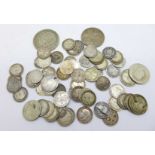 Pre 1920 silver coins, 103g, and a 1920 half crown, a/f