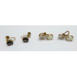 Two pairs of 9ct gold earrings;-one pair opal cabochon and diamond set with clip fasteners, 18mm,