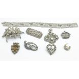 Vintage paste set jewellery including a heart shaped bird brooch, Art Deco brooch, silver clip