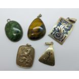 Five pendants;- one hallmarked silver with rampant lion, 23g, two 925 silver lizard pendants and two