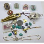 Four Alpine tourist brooches, jewellery, a silver 10 shillings note charm, a pair of nutcrackers,