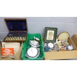 Two boxes of mixed china, songbooks, music scores, a set of fish knives and forks, a picture frame