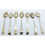 Seven 19th Century silver spoons with decorated backs, (5+2), 72g