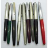 Nine pens including Parker and Sheaffer
