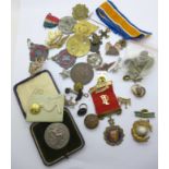 Medallions, badges, buttons, etc., some military