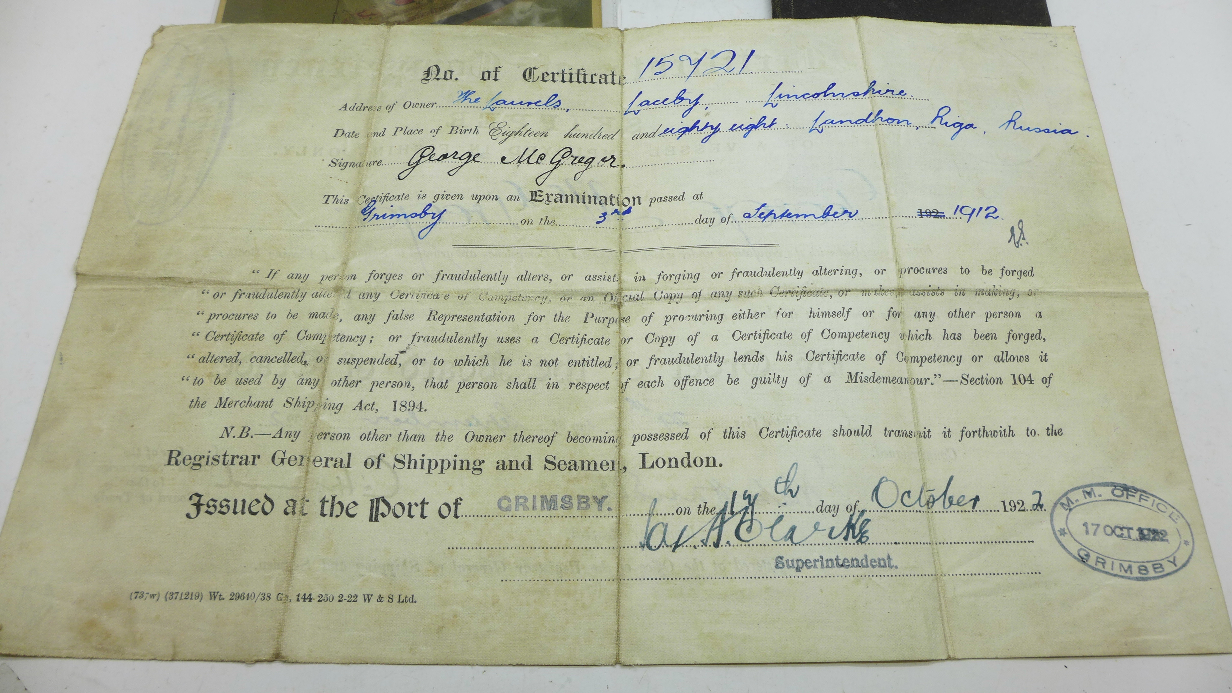 A United Navigation Committee Grimsby certificate, a photograph album including yachting, a Cunard - Image 3 of 10