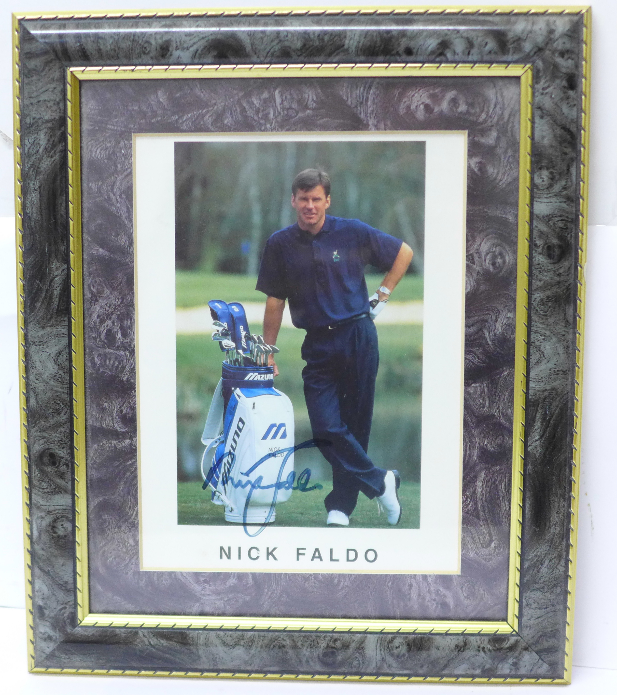 A framed signed picture of Nick Faldo