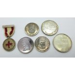 Six silver medallions including South Africa Red Cross, 120g