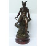 After Eutrope Bouret, (1833-1906), a bronze figure of Mercury seated on a rocky outcrop on a red