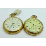 Two gold plated Waltham Traveler pocket watches