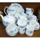 A Shelley Blue Harlequin six setting tea and coffee service, with tea and coffee pots, cream and