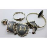 A silver niello bracelet, a/f, a silver child's bangle, one other bangle and two silver rings, N and