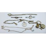 A silver wristwatch, a/f, two brooches, a necklace, a pendant and an Albert chain with three fobs