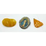 An amber brooch and pendant, and a portrait brooch, a/f