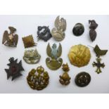 Military badges including South African Regiments, one RAF, other badges and a clip