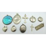 A hallmarked Victorian silver cross pendant, one other silver cross pendant, four silver lockets,